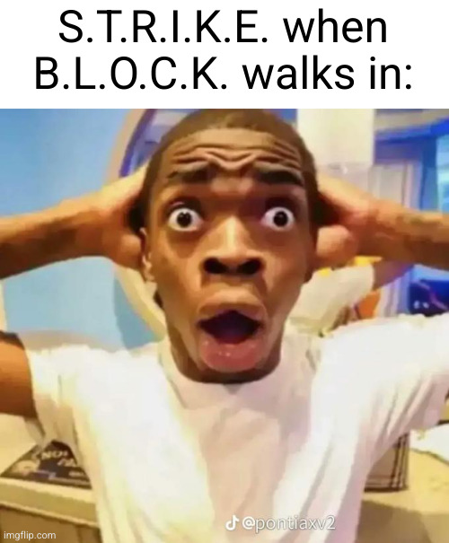 Meme #2,627 | S.T.R.I.K.E. when B.L.O.C.K. walks in: | image tagged in shocked black guy,memes,strike,block,words,x when x walks in | made w/ Imgflip meme maker