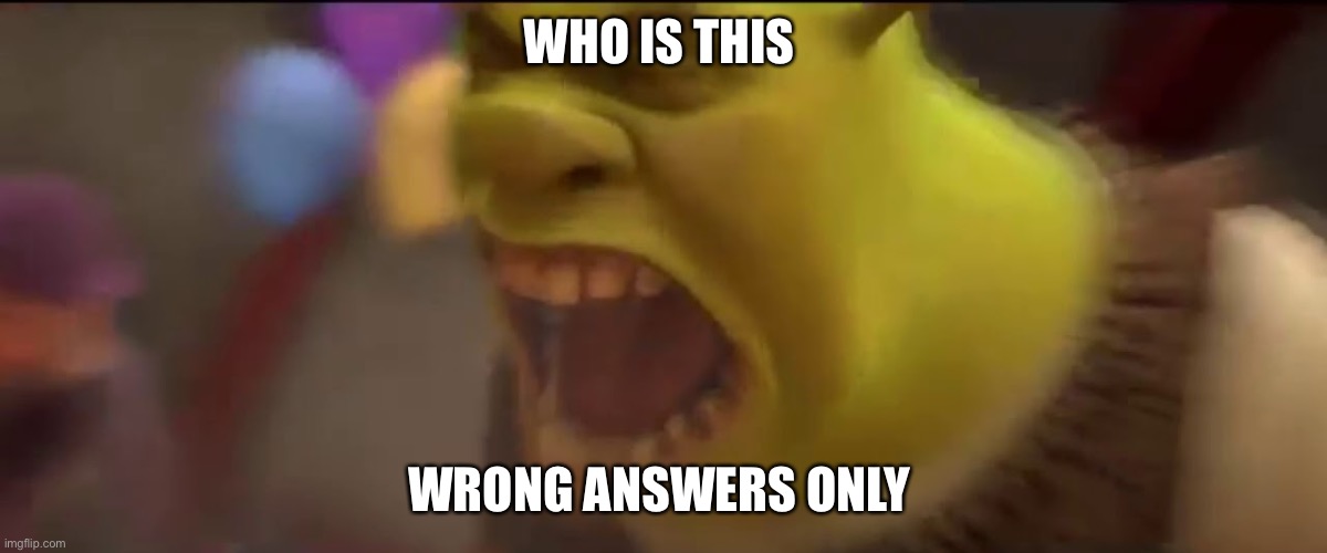 Shrek Screaming | WHO IS THIS; WRONG ANSWERS ONLY | image tagged in shrek screaming | made w/ Imgflip meme maker
