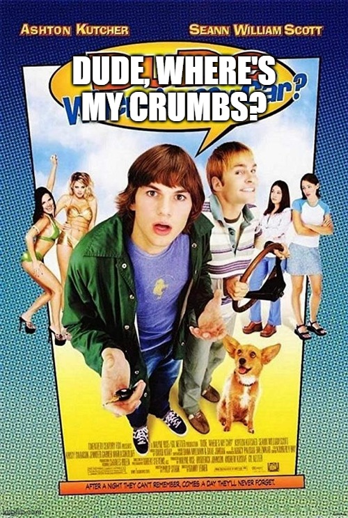 Dude Where's my car? | DUDE, WHERE'S MY CRUMBS? | image tagged in dude where's my car | made w/ Imgflip meme maker