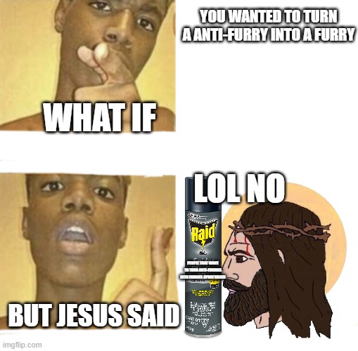 lol | YOU WANTED TO TURN A ANTI-FURRY INTO A FURRY; WHAT IF; LOL NO; PEOPLE THAT WANT TO TURN ANTI-FURRIES INTO FURRIES SPRAY KILLED; BUT JESUS SAID | image tagged in what if you blank,anti furry,furry | made w/ Imgflip meme maker