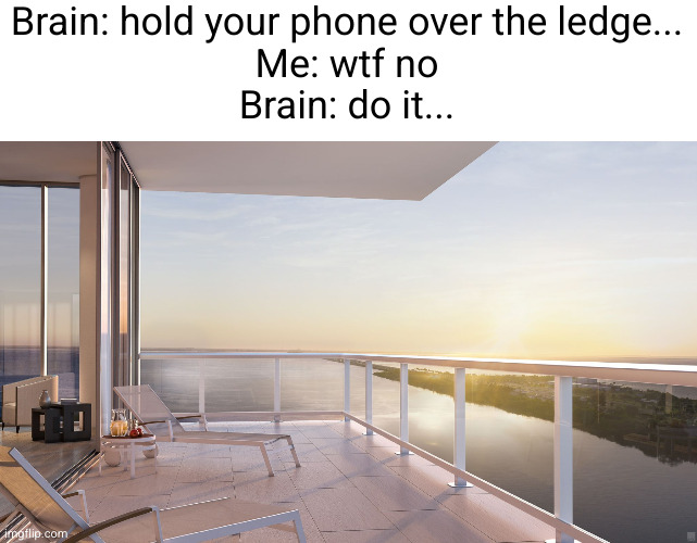 Meme #2,631 | Brain: hold your phone over the ledge...
Me: wtf no
Brain: do it... | image tagged in memes,relatable,balcony,phone,temptation,brain | made w/ Imgflip meme maker