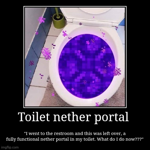 Toilet portal | Toilet nether portal | "I went to the restroom and this was left over, a fully functional nether portal in my toilet. What do I do now???" | image tagged in funny,demotivationals | made w/ Imgflip demotivational maker