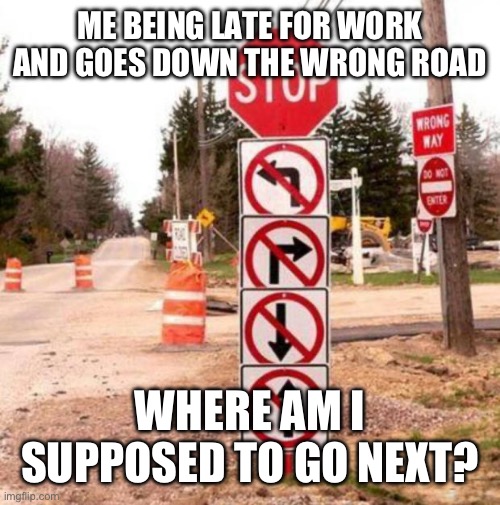 Where am I supposed to go now? | ME BEING LATE FOR WORK AND GOES DOWN THE WRONG ROAD; WHERE AM I SUPPOSED TO GO NEXT? | image tagged in confusing,work | made w/ Imgflip meme maker