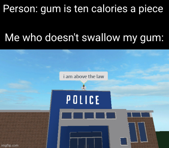 Meme #2,362 | Person: gum is ten calories a piece; Me who doesn't swallow my gum: | image tagged in i am above the law,gum,swallow,calories,beating the system,memes | made w/ Imgflip meme maker