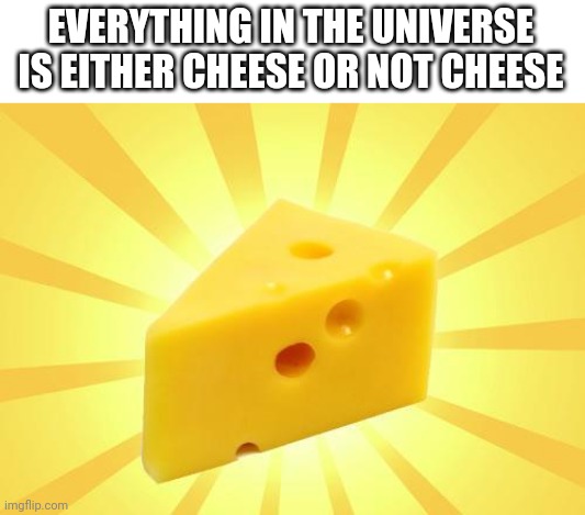 Mem | EVERYTHING IN THE UNIVERSE IS EITHER CHEESE OR NOT CHEESE | image tagged in cheese time,cheese | made w/ Imgflip meme maker