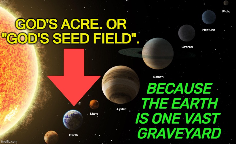God's Acre. Or "God's seed field". | GOD'S ACRE. OR "GOD'S SEED FIELD". BECAUSE THE EARTH IS ONE VAST 
GRAVEYARD | image tagged in solar system | made w/ Imgflip meme maker