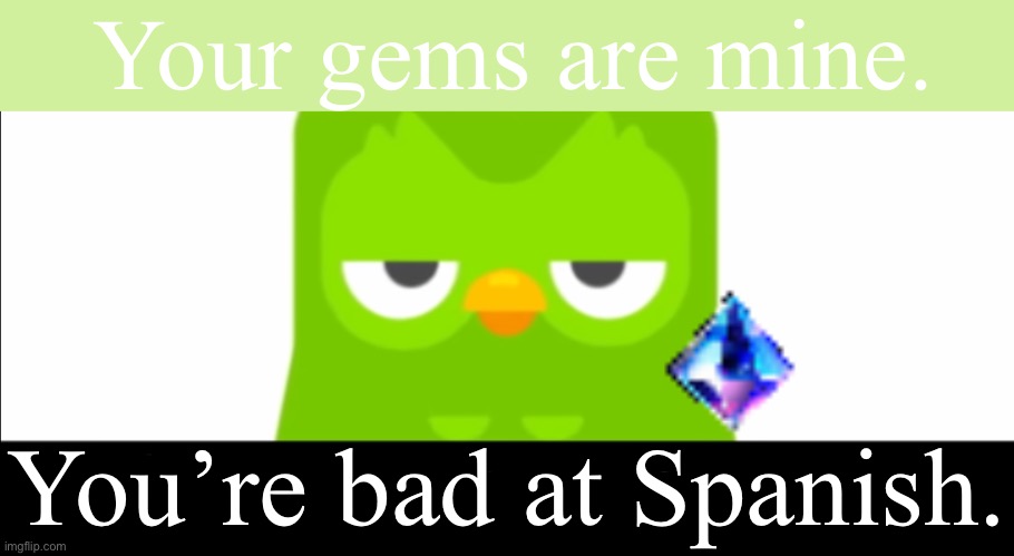 Duo thinks you suck at Spanish. | Your gems are mine. You’re bad at Spanish. | image tagged in mad duo,duolingo,andrewrewrite15 | made w/ Imgflip meme maker
