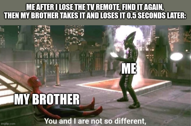 WeRe DiD iT gO........... | ME AFTER I LOSE THE TV REMOTE, FIND IT AGAIN, THEN MY BROTHER TAKES IT AND LOSES IT 0.5 SECONDS LATER:; ME; MY BROTHER | image tagged in you and i are not so diffrent | made w/ Imgflip meme maker