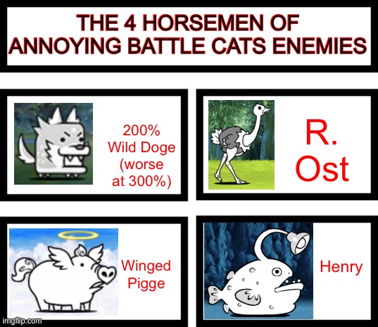 Of course, there’s more. Those are just examples. | THE 4 HORSEMEN OF ANNOYING BATTLE CATS ENEMIES; THE 4 HORSEMEN OF ANNOYING BATTLE CATS ENEMIES; R. Ost; 200% Wild Doge (worse at 300%); Henry; Winged Pigge | image tagged in 4 horsemen of,battle cats | made w/ Imgflip meme maker