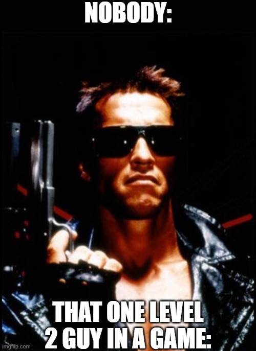 It's true though | NOBODY:; THAT ONE LEVEL 2 GUY IN A GAME: | image tagged in terminator arnold schwarzenegger,what | made w/ Imgflip meme maker