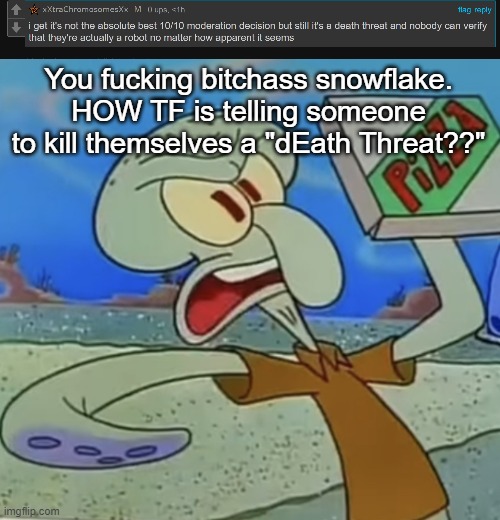 You fucking bitchass snowflake. HOW TF is telling someone to kill themselves a "dEath Threat??" | image tagged in squidward mad | made w/ Imgflip meme maker