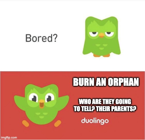 DUOLINGO BORED | BURN AN ORPHAN; WHO ARE THEY GOING TO TELL? THEIR PARENTS? | image tagged in duolingo bored | made w/ Imgflip meme maker