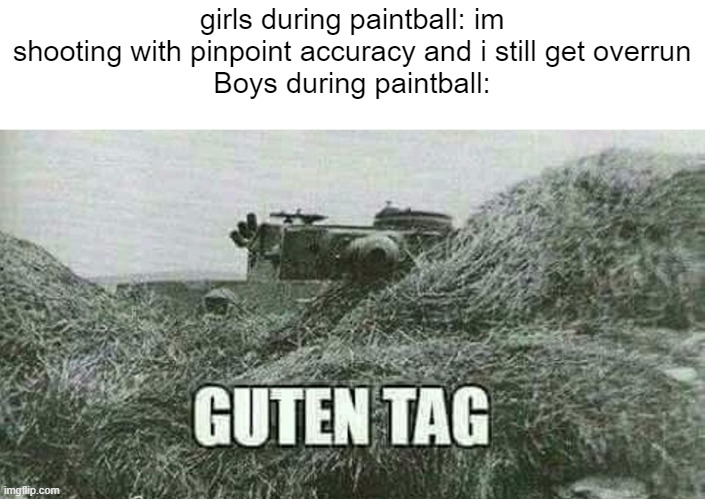 no offense to the female gender in any way | girls during paintball: im shooting with pinpoint accuracy and i still get overrun
Boys during paintball: | image tagged in german guten tag tiger | made w/ Imgflip meme maker