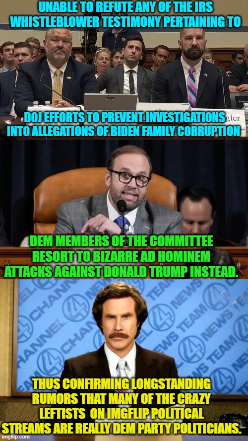 Now it all makes sense, doesn't it? | UNABLE TO REFUTE ANY OF THE IRS WHISTLEBLOWER TESTIMONY PERTAINING TO; DOJ EFFORTS TO PREVENT INVESTIGATIONS INTO ALLEGATIONS OF BIDEN FAMILY CORRUPTION; DEM MEMBERS OF THE COMMITTEE RESORT TO BIZARRE AD HOMINEM ATTACKS AGAINST DONALD TRUMP INSTEAD. THUS CONFIRMING LONGSTANDING RUMORS THAT MANY OF THE CRAZY LEFTISTS  ON IMGFLIP POLITICAL STREAMS ARE REALLY DEM PARTY POLITICIANS. | image tagged in yep | made w/ Imgflip meme maker