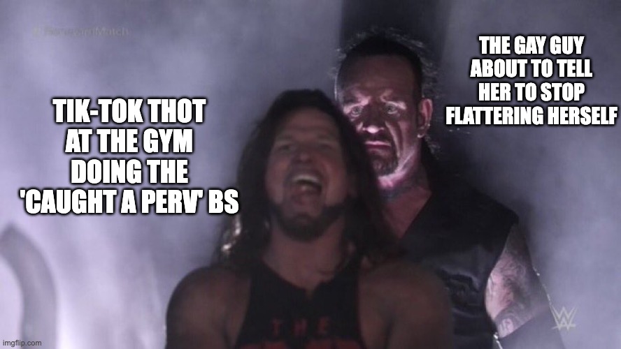 How glorious would that be? | THE GAY GUY ABOUT TO TELL HER TO STOP FLATTERING HERSELF; TIK-TOK THOT AT THE GYM DOING THE 'CAUGHT A PERV' BS | image tagged in aj styles undertaker,lgbtq,tiktok | made w/ Imgflip meme maker