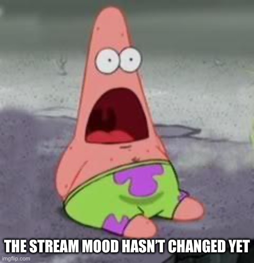 Suprised Patrick | THE STREAM MOOD HASN’T CHANGED YET | image tagged in suprised patrick | made w/ Imgflip meme maker