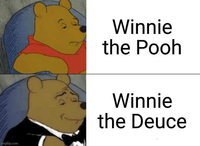 That name is the sh¡t! | Winnie the Pooh; Winnie the Deuce | image tagged in memes,tuxedo winnie the pooh | made w/ Imgflip meme maker