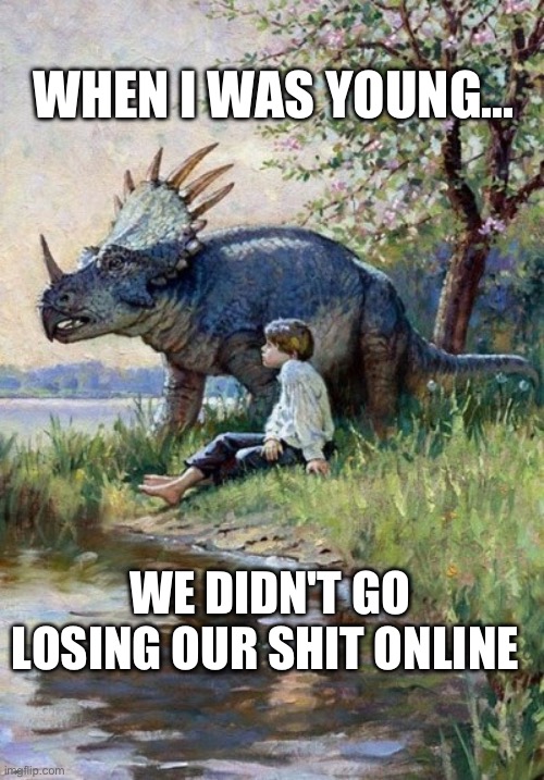 When I was young | WHEN I WAS YOUNG... WE DIDN'T GO LOSING OUR SHIT ONLINE | image tagged in triceratops and kid,and everybody loses their minds,losing their shit,trolling,when i was young | made w/ Imgflip meme maker