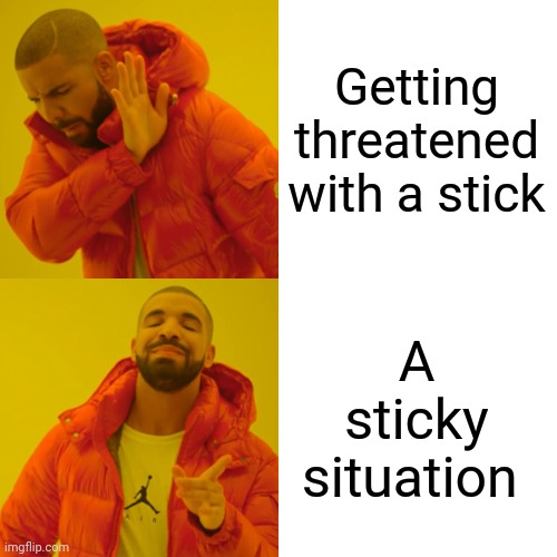 Drake Hotline Bling | Getting threatened with a stick; A sticky situation | image tagged in memes,drake hotline bling | made w/ Imgflip meme maker