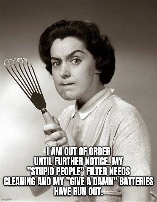 Stupid People & | I AM OUT OF ORDER UNTIL FURTHER NOTICE. MY "STUPID PEOPLE" FILTER NEEDS CLEANING AND MY "GIVE A DAMN" BATTERIES
HAVE RUN OUT. | image tagged in stupid people,angry,fed up,narcissism | made w/ Imgflip meme maker