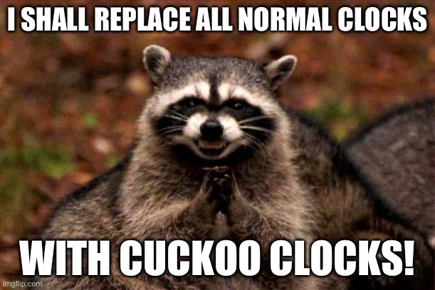 A meme I thought of in the shower | I SHALL REPLACE ALL NORMAL CLOCKS; WITH CUCKOO CLOCKS! | image tagged in memes,evil plotting raccoon,cuckoo,clock,funny,random | made w/ Imgflip meme maker