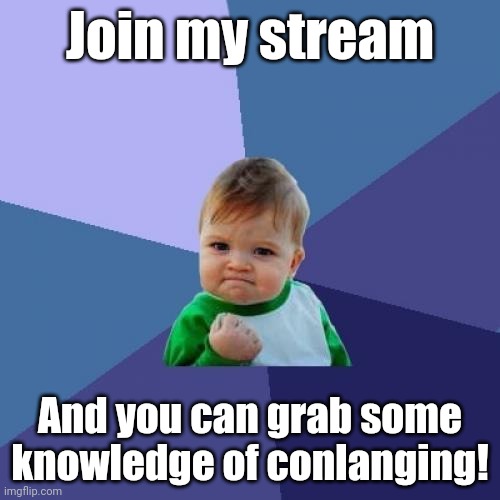 Success Kid Meme | Join my stream; And you can grab some knowledge of conlanging! | image tagged in memes,success kid | made w/ Imgflip meme maker