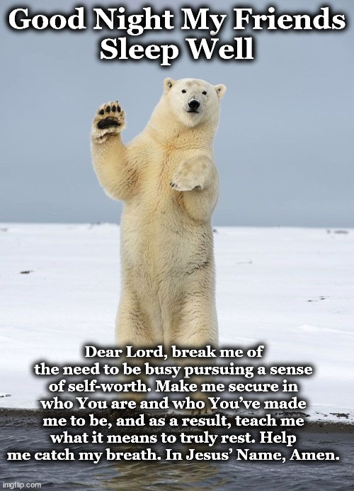 polarbear | Good Night My Friends
Sleep Well; Dear Lord, break me of the need to be busy pursuing a sense of self-worth. Make me secure in who You are and who You’ve made me to be, and as a result, teach me what it means to truly rest. Help me catch my breath. In Jesus’ Name, Amen. | image tagged in polarbear | made w/ Imgflip meme maker