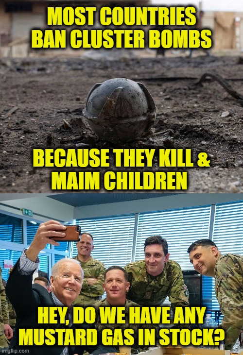 War Criminal Selfie | MOST COUNTRIES
BAN CLUSTER BOMBS; BECAUSE THEY KILL &
MAIM CHILDREN; HEY, DO WE HAVE ANY
MUSTARD GAS IN STOCK? | image tagged in joe biden | made w/ Imgflip meme maker
