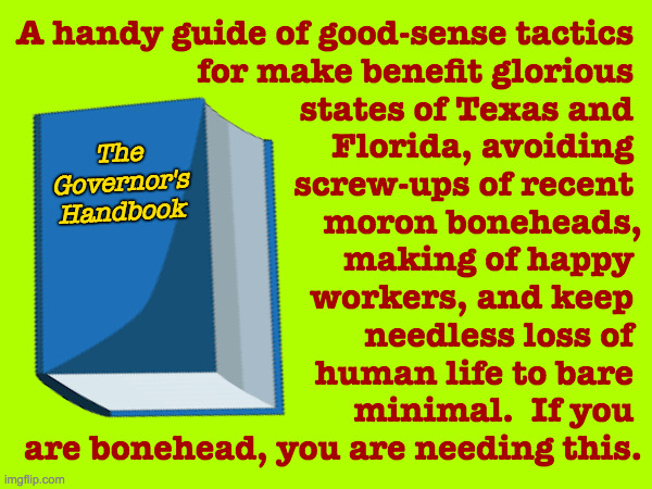 You'll wonder how you ever got by without it. | A handy guide of good-sense tactics 
for make benefit glorious 
states of Texas and 
Florida, avoiding 
screw-ups of recent 
moron boneheads,
making of happy 
workers, and keep 
needless loss of 
human life to bare 
minimal.  If you 
are bonehead, you are needing this. The
Governor's
Handbook | image tagged in memes,governors | made w/ Imgflip meme maker