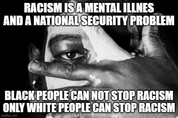 Racism | RACISM IS A MENTAL ILLNES AND A NATIONAL SECURITY PROBLEM; BLACK PEOPLE CAN NOT STOP RACISM
ONLY WHITE PEOPLE CAN STOP RACISM | image tagged in racism,white people,black people,stop racism,stop violence | made w/ Imgflip meme maker