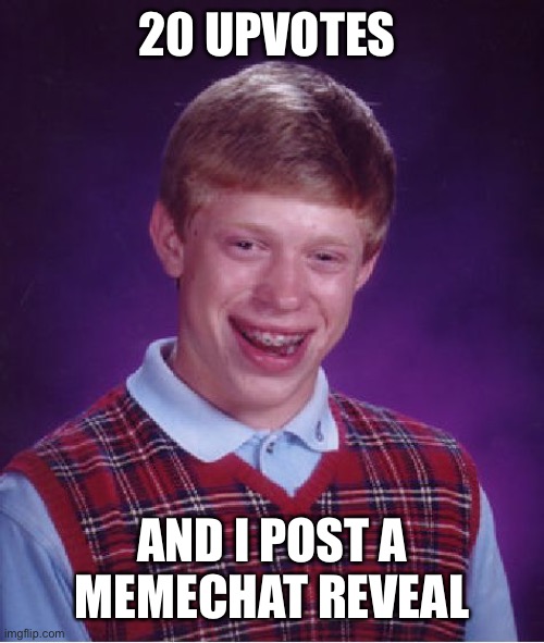 Bad Luck Brian Meme | 20 UPVOTES; AND I POST A MEMECHAT REVEAL | image tagged in memes,bad luck brian | made w/ Imgflip meme maker