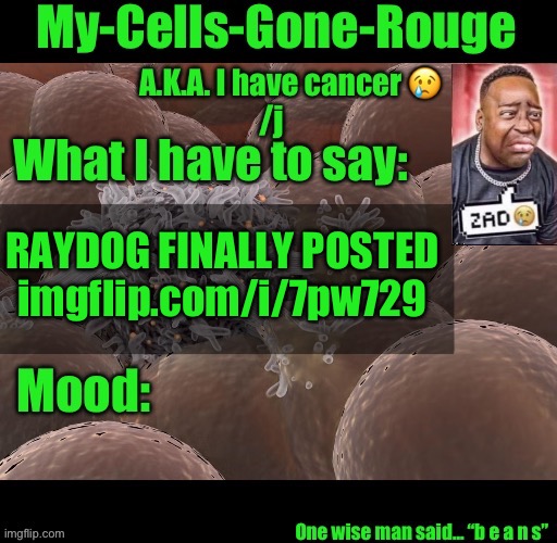 My-Cells-Gone-Rouge announcement | RAYDOG FINALLY POSTED
imgflip.com/i/7pw729 | image tagged in my-cells-gone-rouge announcement | made w/ Imgflip meme maker