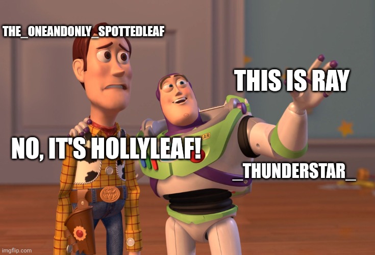 X, X Everywhere Meme | THIS IS RAY NO, IT'S HOLLYLEAF! THE_ONEANDONLY_SPOTTEDLEAF _THUNDERSTAR_ | image tagged in memes,x x everywhere | made w/ Imgflip meme maker