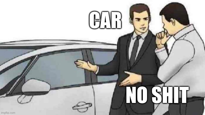 Car Salesman Slaps Roof Of Car | CAR; NO SHIT | image tagged in memes,car salesman slaps roof of car | made w/ Imgflip meme maker