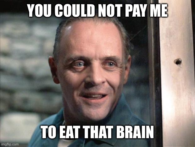 Hannibal Lecter | YOU COULD NOT PAY ME TO EAT THAT BRAIN | image tagged in hannibal lecter | made w/ Imgflip meme maker