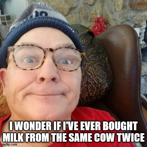 durl earl | I WONDER IF I'VE EVER BOUGHT MILK FROM THE SAME COW TWICE | image tagged in durl earl | made w/ Imgflip meme maker