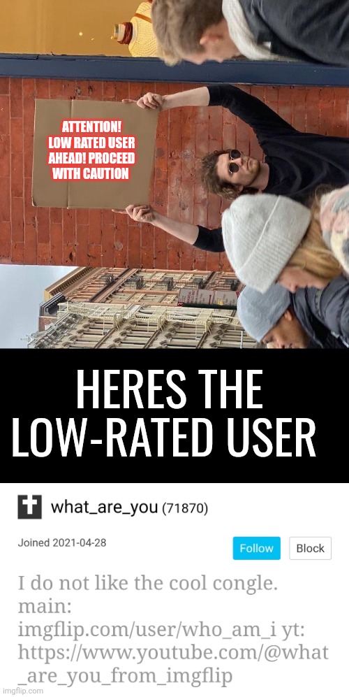 Makes sense | ATTENTION! LOW RATED USER AHEAD! PROCEED WITH CAUTION; HERES THE LOW-RATED USER | image tagged in horizontal guy holding cardboard sign,memes,true | made w/ Imgflip meme maker