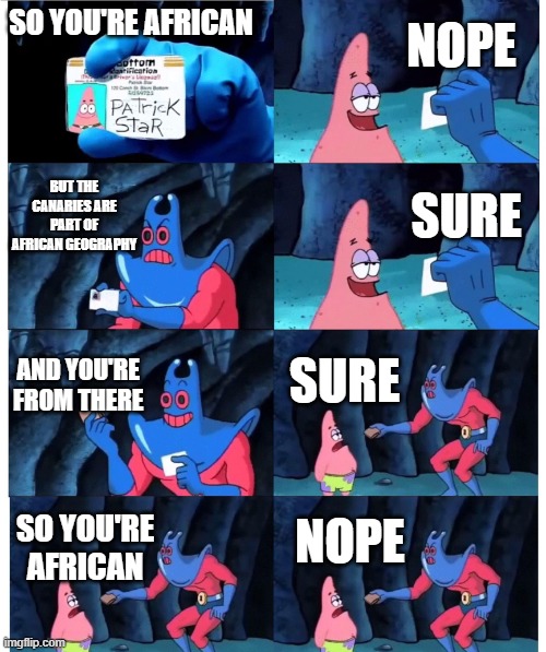 patrick not my wallet | NOPE; SO YOU'RE AFRICAN; BUT THE CANARIES ARE PART OF AFRICAN GEOGRAPHY; SURE; AND YOU'RE FROM THERE; SURE; NOPE; SO YOU'RE AFRICAN | image tagged in patrick not my wallet | made w/ Imgflip meme maker