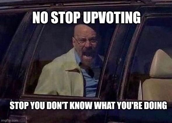 Walter White Screaming At Hank | NO STOP UPVOTING; STOP YOU DON'T KNOW WHAT YOU'RE DOING | image tagged in walter white screaming at hank | made w/ Imgflip meme maker