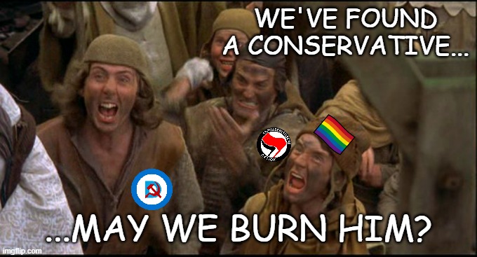 Monty Python witch | WE'VE FOUND A CONSERVATIVE... ...MAY WE BURN HIM? | image tagged in monty python witch | made w/ Imgflip meme maker