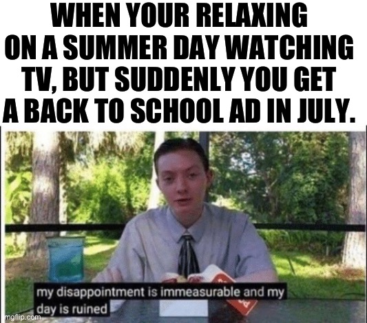 I hate it when this happens | WHEN YOUR RELAXING ON A SUMMER DAY WATCHING TV, BUT SUDDENLY YOU GET A BACK TO SCHOOL AD IN JULY. | image tagged in my dissapointment is immeasurable and my day is ruined | made w/ Imgflip meme maker