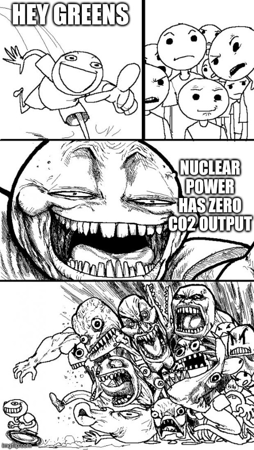 Hey Internet Meme | HEY GREENS; NUCLEAR POWER HAS ZERO CO2 OUTPUT | image tagged in memes,hey internet | made w/ Imgflip meme maker