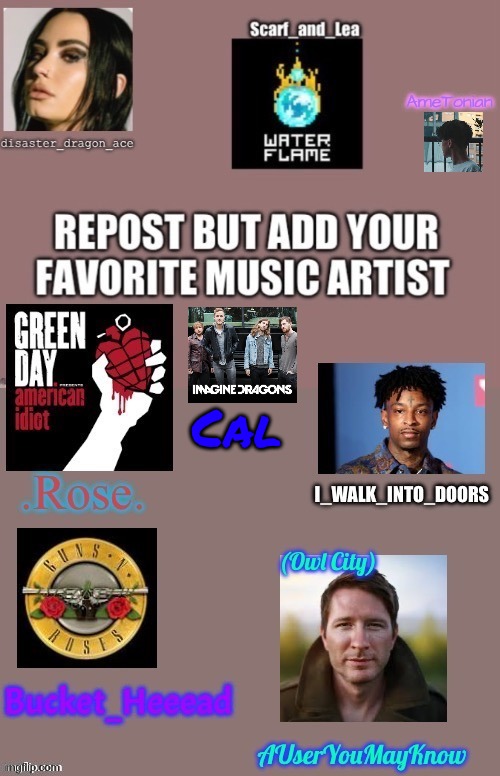 I also like Fall Out Boy, Coldplay, AJR, and Twenty One Pilots. | Cal | image tagged in imagine dragons | made w/ Imgflip meme maker