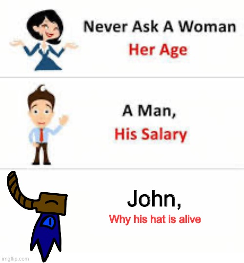 Seriously don’t. | John, Why his hat is alive | image tagged in never ask a woman her age | made w/ Imgflip meme maker