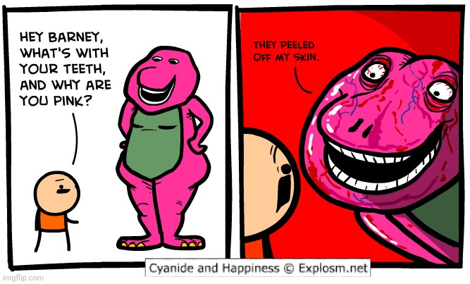 The peeled skin | image tagged in barney,skin,comics,cyanide and happiness,comics/cartoons,barney the dinosaur | made w/ Imgflip meme maker