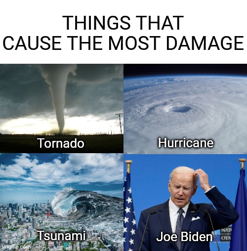 A walking catastrophe. | THINGS THAT CAUSE THE MOST DAMAGE; Hurricane; Tornado; Tsunami; Joe Biden | image tagged in memes,blank comic panel 2x2 | made w/ Imgflip meme maker