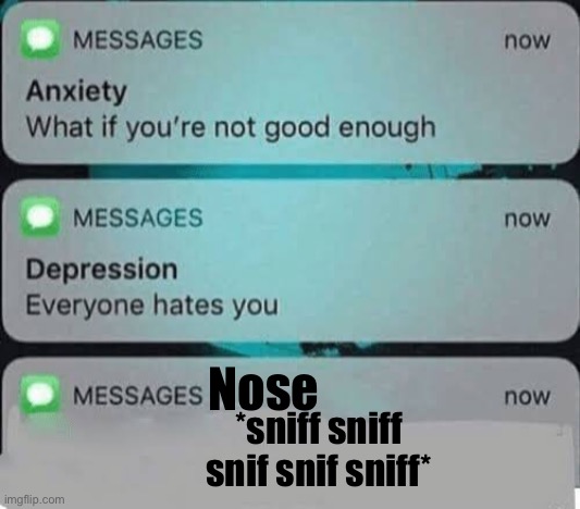 Anxiety/depression texts | Nose; *sniff sniff snif snif sniff* | image tagged in anxiety/depression texts | made w/ Imgflip meme maker