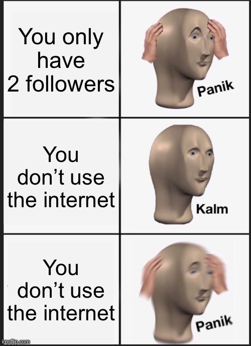 Uh oh | You only have 2 followers; You don’t use the internet; You don’t use the internet | image tagged in memes,panik kalm panik | made w/ Imgflip meme maker