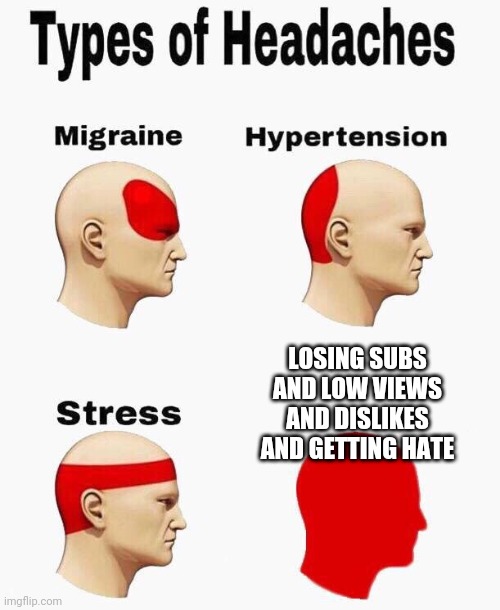Headaches | LOSING SUBS AND LOW VIEWS AND DISLIKES AND GETTING HATE | image tagged in headaches | made w/ Imgflip meme maker