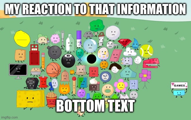 Nobody asked | MY REACTION TO THAT INFORMATION; BOTTOM TEXT | image tagged in bfdi | made w/ Imgflip meme maker
